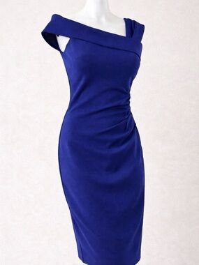Calvin Klein Cobalt Blue Ruched Sheath Dress 10P Petite Cocktail Work